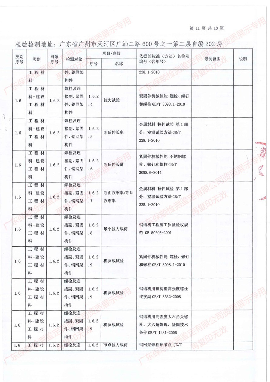 保順檢測鑒定CMA計量認證證書附表